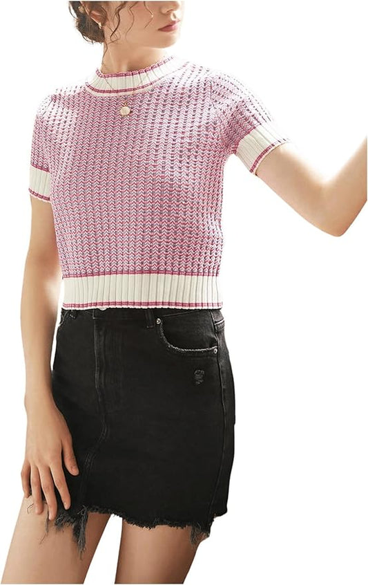 GORGLITTER Women's Colorblock Short Sleeve Sweater Ribbed Knit Striped Round Neck Pullover Tops