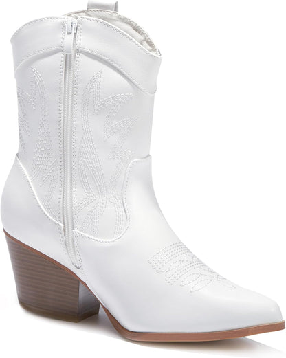 Western Cowgirl Cowboy Ankle Boots for Women or Ladies, Mid Calf, Vegan Leather Embroidered Upper, Low Heel, Fashionable Pointed-toe, Well Made