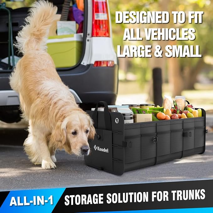 K KNODEL Car Trunk Organizer, Foldable Cover, Heavy Duty Collapsible Truck Storage Organizer, Car Cargo Trunk Organizer with Lid, 3 Compartments, (Black)