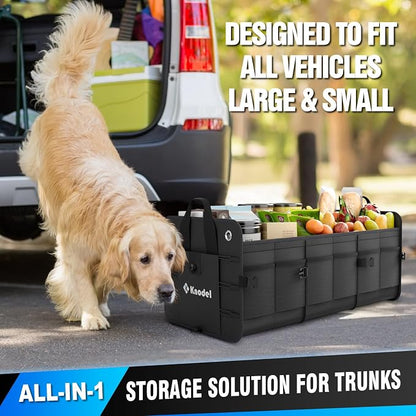 K KNODEL Car Trunk Organizer, Foldable Cover, Heavy Duty Collapsible Truck Storage Organizer, Car Cargo Trunk Organizer with Lid, 3 Compartments, (Black)