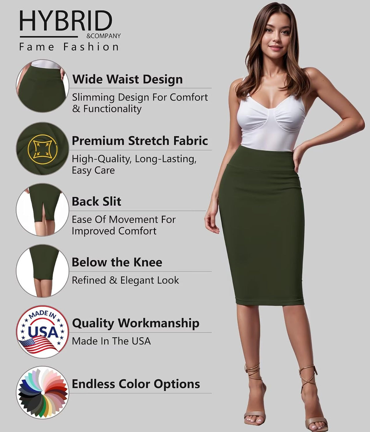Hybrid & Company Women's Premium Nylon Ponte Stretch High Waist Pencil Suit Skirt Below Knee.