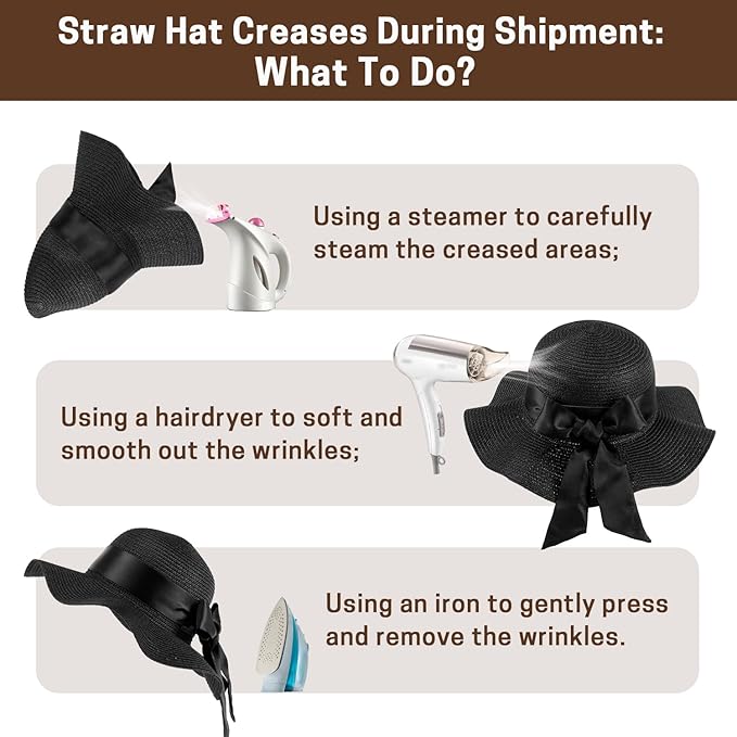 GNEGNI Straw Sun Hats for Women, Wide Brim Summer Beach Hat with Detachable Silk Tie, Foldable Floppy Hat - UV Sun Protection