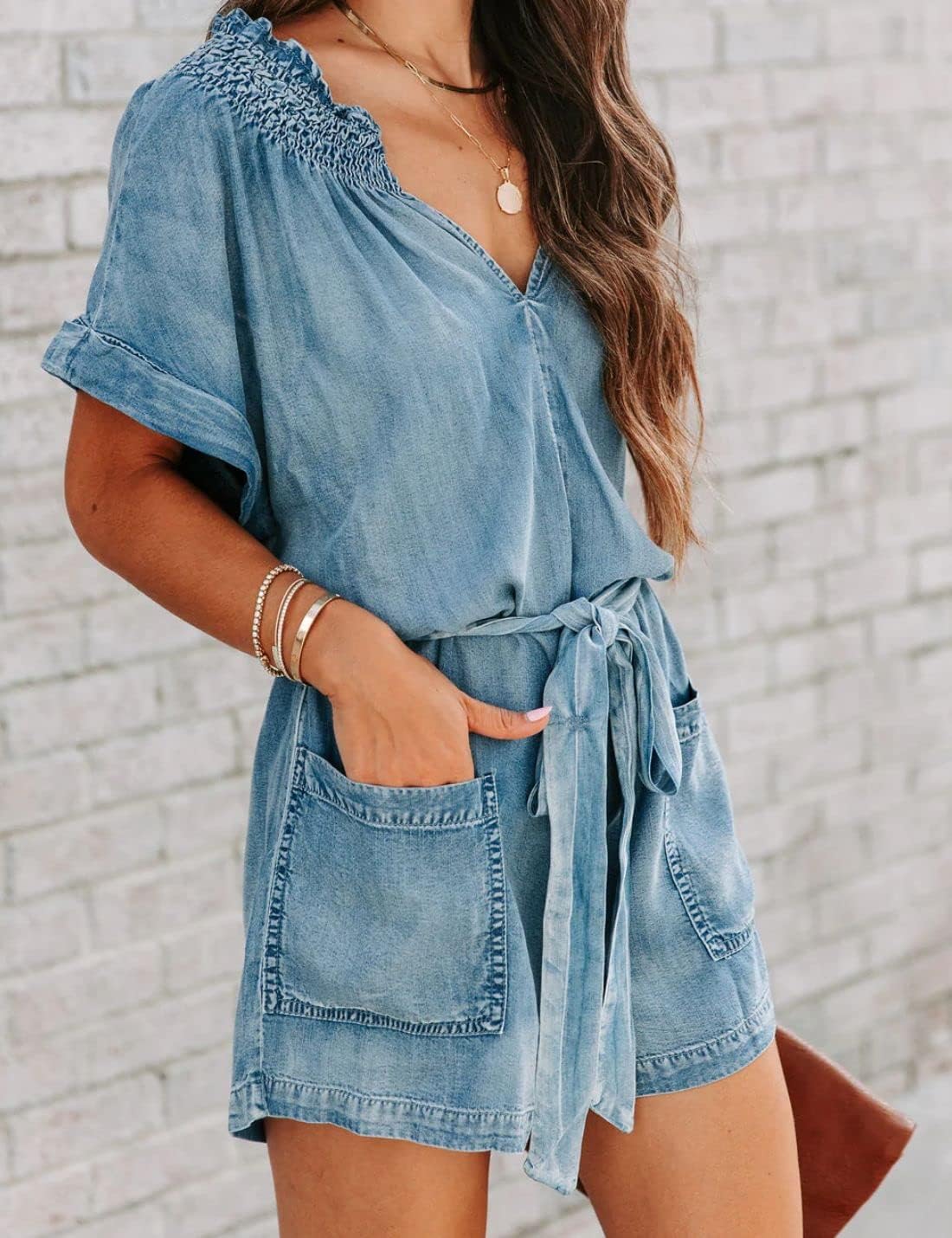 Kwoki Women's Ruffle V Neck Denim Shorts Jumpsuit Short Sleeve Poccketed Jean Rompers with Belt