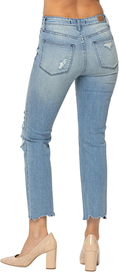 Judy Blue Women's Mid-Rise Destroyed Tinted Wash Cropped Straight-Leg Jeans 88512