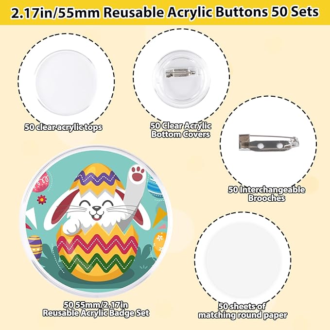 Happiza 50pcs Acrylic Clear Button Pins, 2.17 Inch DIY Button Badges, Custom Blank Photo Buttons Pins Badges for Personalized Crafts Supplies