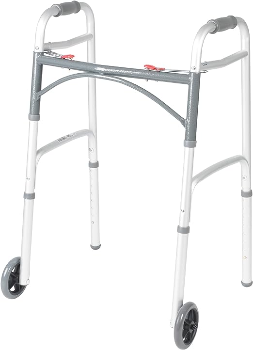 Drive Medical 10210-1 2-Button Folding Walker with Wheels, Rolling Walker, Front Wheel Walker, Lightweight Walkers for Seniors and Adults Weighing Up To 350 Pounds, Adjustable Height, Silver