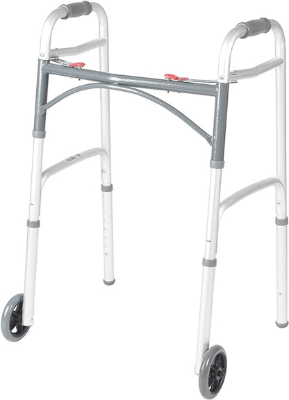 Drive Medical 10210-1 2-Button Folding Walker with Wheels, Rolling Walker, Front Wheel Walker, Lightweight Walkers for Seniors and Adults Weighing Up To 350 Pounds, Adjustable Height, Silver