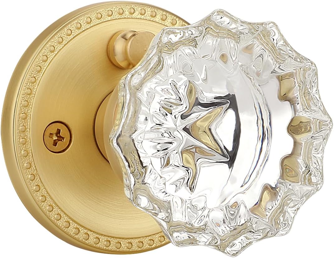 1 Pack Glass Door Knobs Interior, Door Locks for Bedroom, Bathroom Gold, Keyless Privacy Door Levers, Clear Crystal Door Knobs, Universal for Left & Right Sided Doors