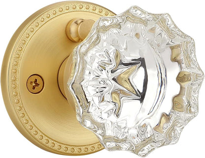 1 Pack Glass Door Knobs Interior, Door Locks for Bedroom, Bathroom Gold, Keyless Privacy Door Levers, Clear Crystal Door Knobs, Universal for Left & Right Sided Doors