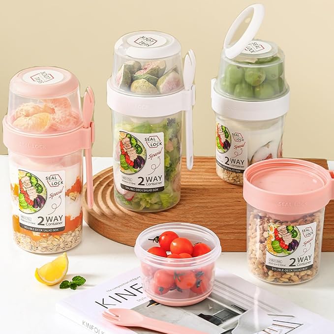 Breakfast On The Go Cups, Salad Cup To Go, Take And Go Yogurt Cereal Overnight Oats Snack Parfait Containers & Salad Dressing Holder With Fork For Lunch, Fruit & Vegetable Jar(Pink,36.2oz)