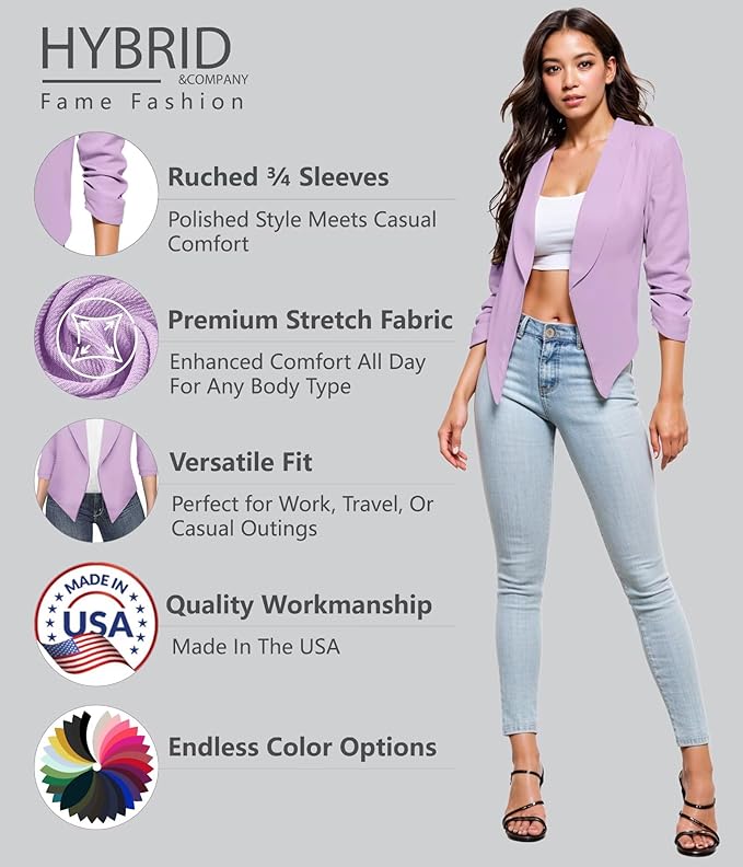 Hybrid  Company Lightweight Open Front Cardigan Classic Ruched Sleeve Work Office Blazer Suit Jackets