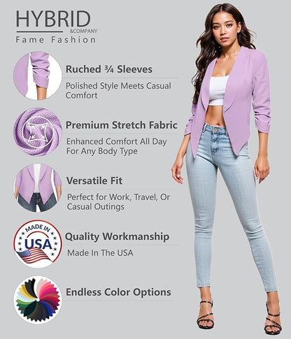 Hybrid  Company Lightweight Open Front Cardigan Classic Ruched Sleeve Work Office Blazer Suit Jackets