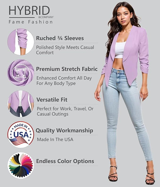 Hybrid  Company Lightweight Open Front Cardigan Classic Ruched Sleeve Work Office Blazer Suit Jackets