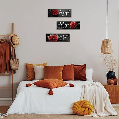 3 Pcs Red Decor Flower Inspirational Wooden Wall Art Red Roses Decor Office Wall Decor with Accept Let Go Have Faith Positive Quotes for Girl Women Bathroom Living Room Bedroom(Red Rose12 x 4 Inch)