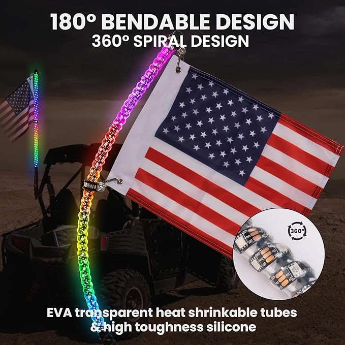 2PCS 4FT Led Whip Light with 4 Flags Weatherproof 360 Spiral Led Chase Light Bluetooth and Remote Control Lighted Antenna Whip for ATV, UTV, RZR, Buggy Dune(4FT 2PCS)