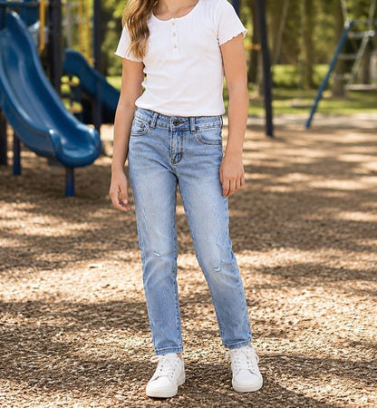 KIDSCOOL SPACE Girls Jeans,Kids Elastic Band Inside Ripped Denim Pants
