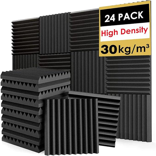 FONESO Acoustic Foam Panels, Soundproof Foam Panels for Walls, High Density Studio Soundproofing Wedges - Fire Resistant Noise Absorbing for Studio, Office, Home (Black, 24Pack)