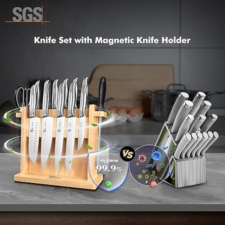 Kitchen Knife Set, Japanese Style Knife Set with Magnetic Block Holder, High Carbon Stainless Steel Sharp Knives Set for kitchen, Ergonomic Handle and Sharpener, 14 PCS Black Dot