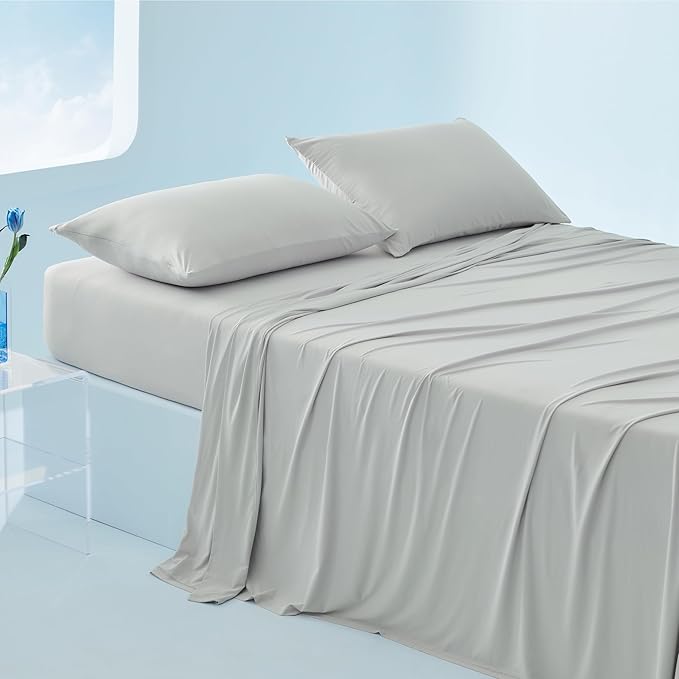 Bedsure Cooling Sheets Queen Size, Cooling Bed Sheets for Hot Sleepers, Chill Cool Sheet, Deep Pocket Up to 18 Inches, Soft  Breathable Queen Sheet Set, 4 Pieces, Grey
