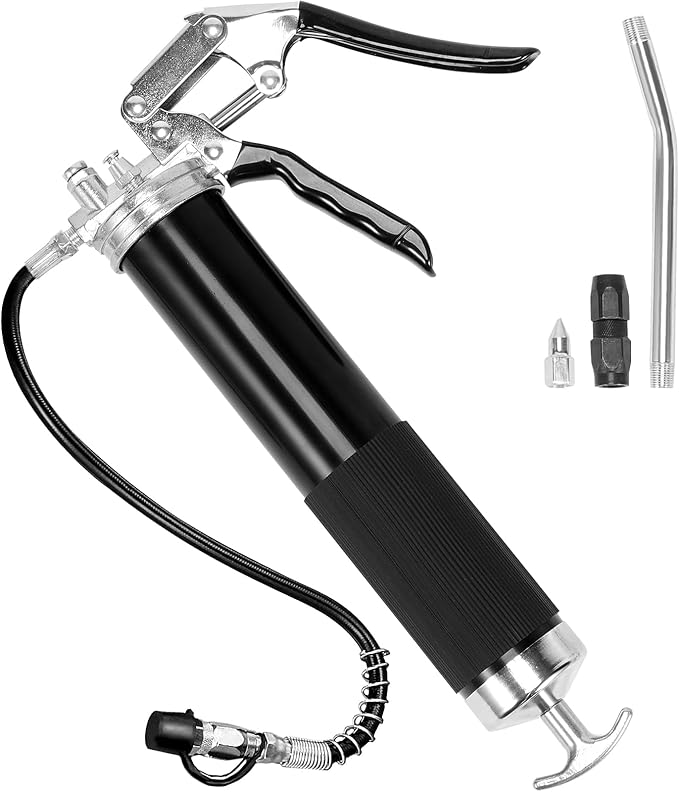 VEVOR Grease Gun, 6000 PSI Heavy Duty Pistol Grip Grease Gun, Grease Gun Kit with 14 oz Load, 17.72 Inch Flexible Hose, 1 Flat Couplers, 1 Pointed Coupler, and 1 Bent Metal Pipe