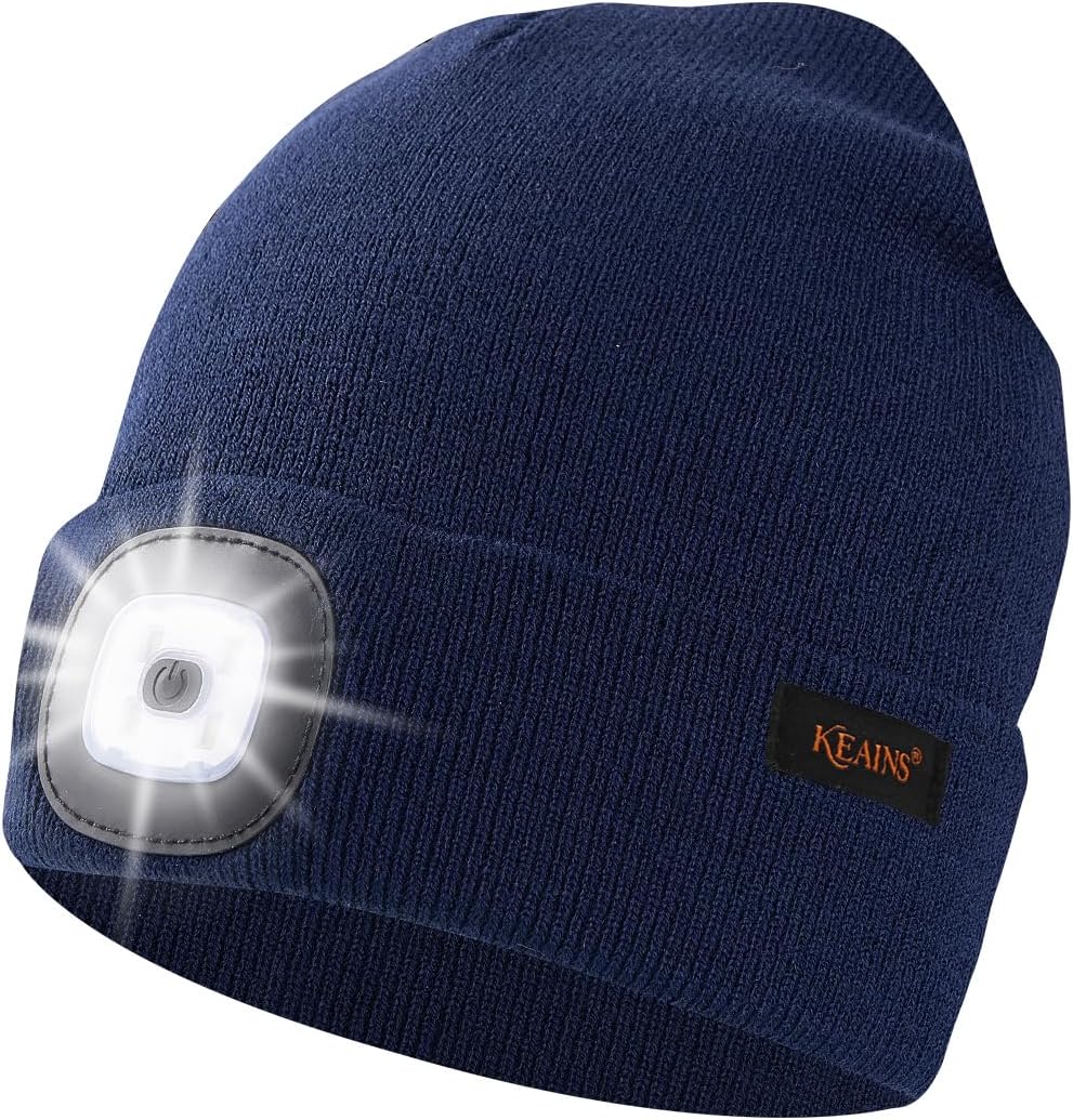 Keains Unisex Beanie with The Light ?Rechargeable LED Headlamp Cap? Warm Knit Hats for Winter Safety Gifts for Men Women Dad