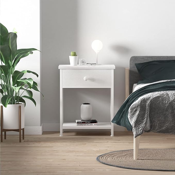 White Nightstand with Drawer, Small Night Stand with Shelf Storage End Table for Bedroom, Dorm, Modern Bedside Tables