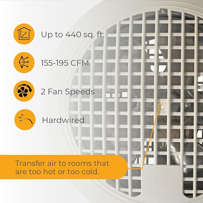 Suncourt ThruWall Room-to-Room Transfer Fan  Quiet Through Wall Vent Fan Improves Air Circulation Between Rooms 200-440 Sq. Ft.  10 Power Cord, 2-Speed (TW108)