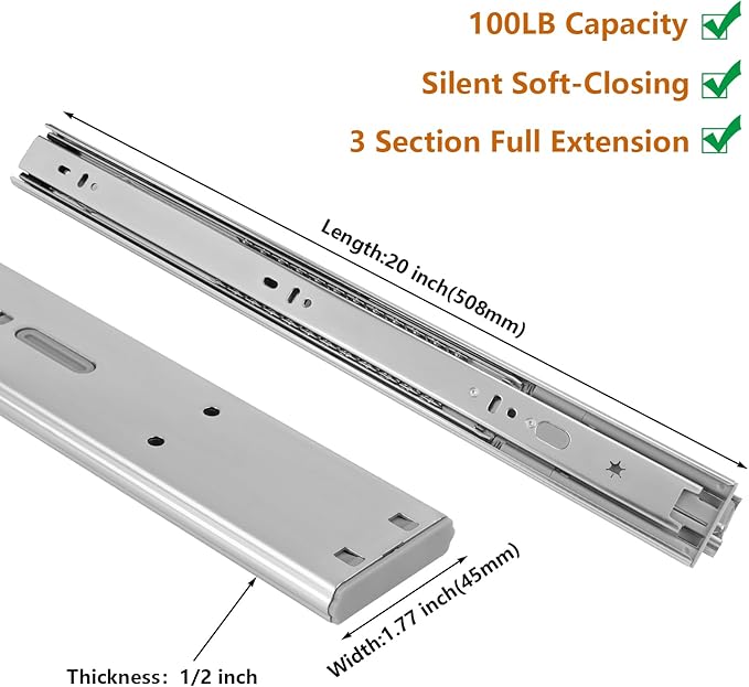 LONTAN 1 Pair 20 Inch Soft Close Drawer Slides Metal Heavy Duty - LONTAN Soft Closing Ball Bearing and Full Extension Cabinet Drawer Slides 100 LB Capacity