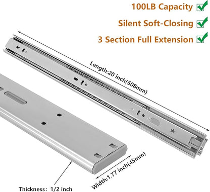 LONTAN 1 Pair 20 Inch Soft Close Drawer Slides Metal Heavy Duty - LONTAN Soft Closing Ball Bearing and Full Extension Cabinet Drawer Slides 100 LB Capacity
