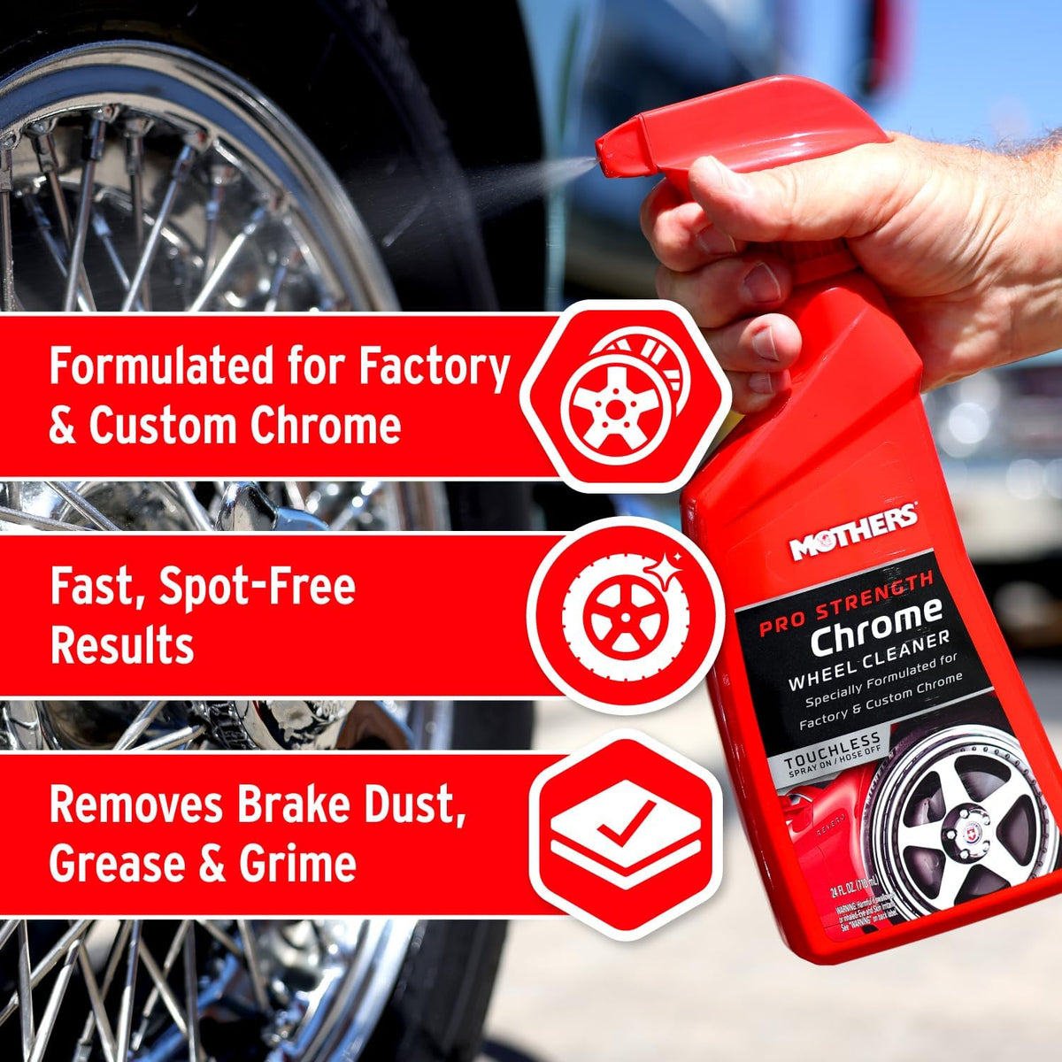 Mothers Pro-Strength Chrome Wheel Cleaner, 24 oz. — Safely Cleans Chrome & Roughcast Aluminum Mag Wheels, Removes Brake Dust, Grease, Dirt & Grime with Easy Spray-On, Hose-Off Formula (05824)