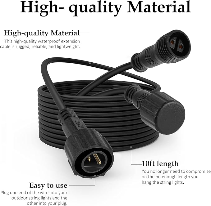 10FT Male to Female 2 Pin Flexible Waterproof Extension Cord for Indoor Outdoor Garden Lighting, Solar Strip Lights, G40 Globe Lights, and Rope Lights