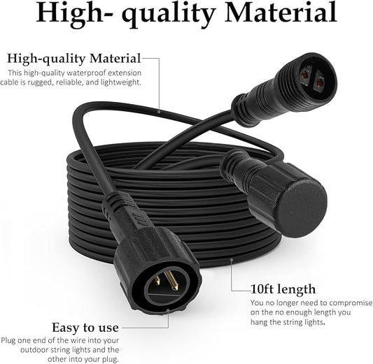 10FT Male to Female 2 Pin Flexible Waterproof Extension Cord for Indoor Outdoor Garden Lighting, Solar Strip Lights, G40 Globe Lights, and Rope Lights
