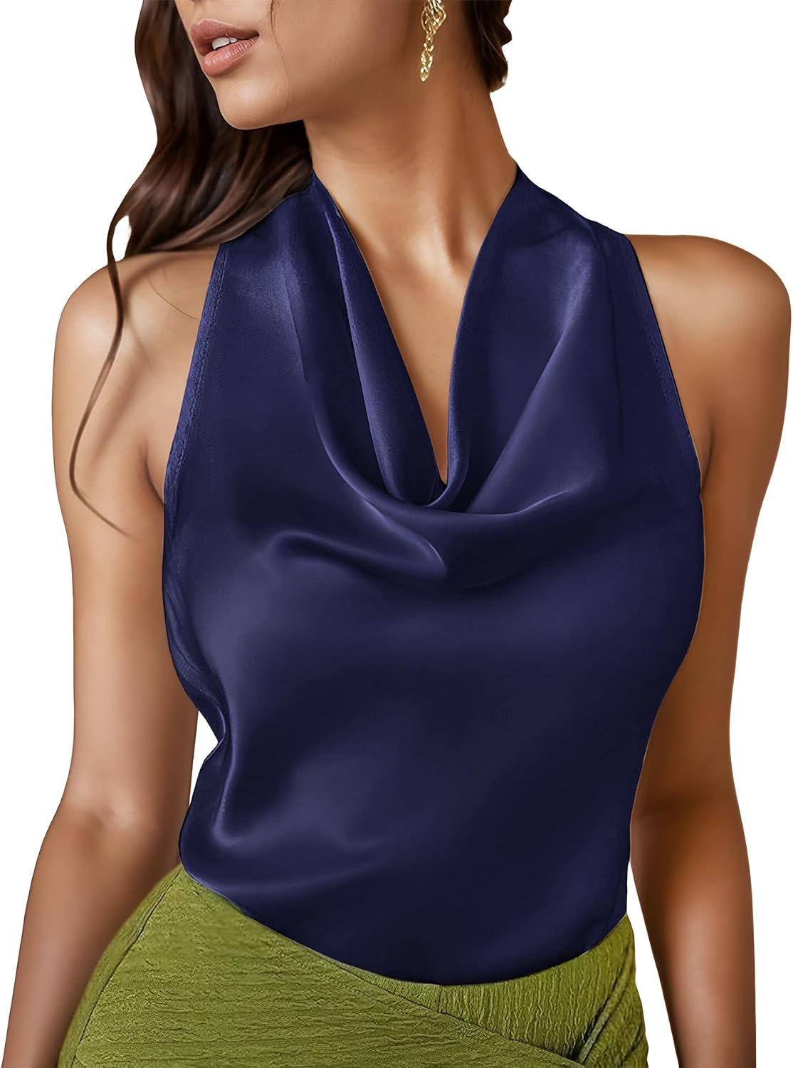 LAOTEPO Cowl Neck Halter Tops for Women Silk Satin Going Out Tank Top Trendy Summer Camisole Business Casual Blouses Outfits