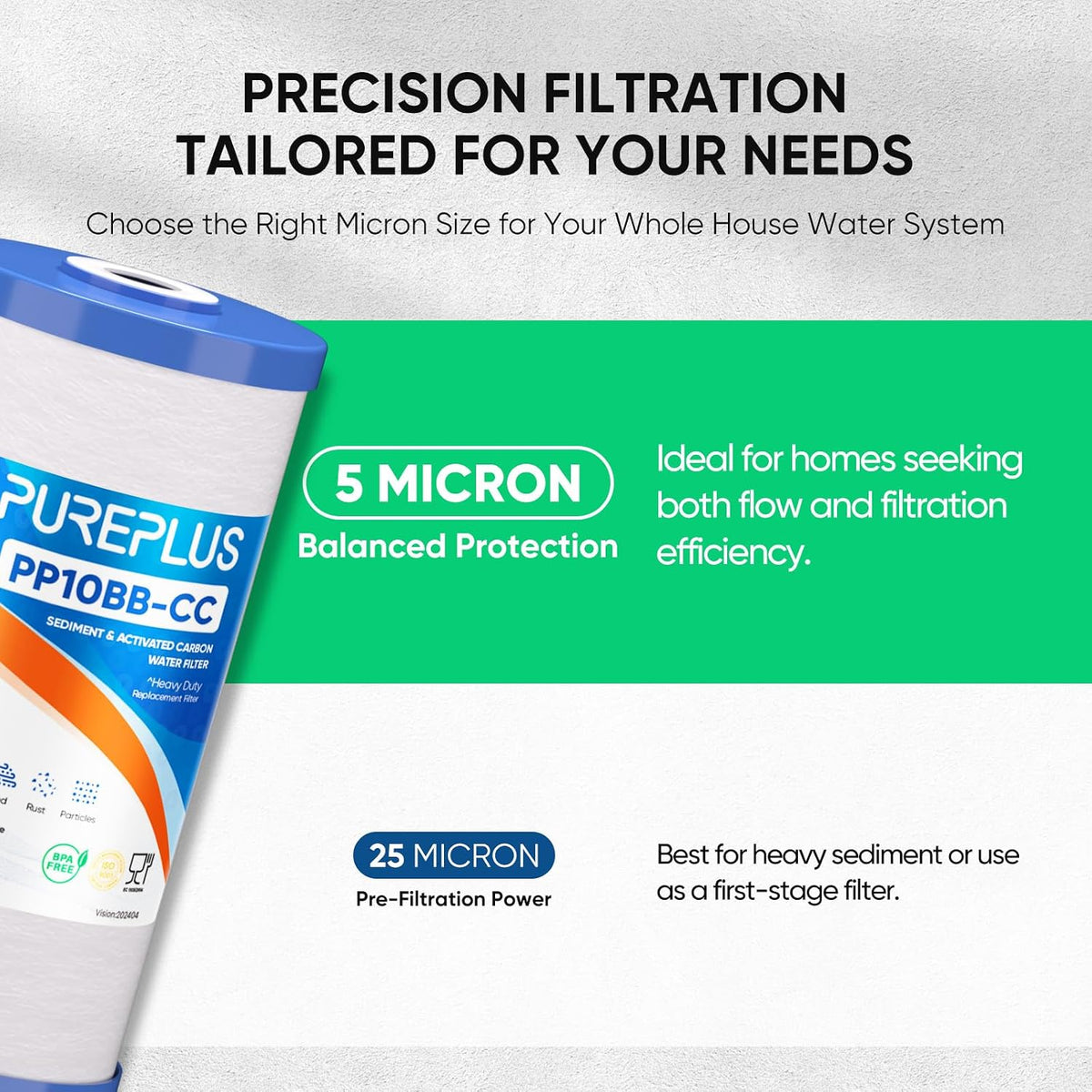 (1PC) PUREPLUS 5 Micron 10" x 4.5" Whole House Sediment and Carbon Water Filter Replacement Cartridge for GE FXHTC, GXWH40L, GXWH35F, GNWH38S, Culligan RFC-BBSA, WRC25HD, PP10BB-CC, Pentek RFC-BB