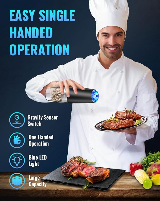 Sweet Alice Gravity Electric PepperSalt Grinder, Salt or Pepper Mill  Adjustable Coarseness, Battery Powered with LED Light, One Hand Automatic Operation, Stainless Steel (SingleBlack)