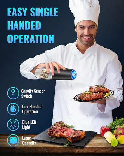 Sweet Alice Gravity Electric PepperSalt Grinder, Salt or Pepper Mill  Adjustable Coarseness, Battery Powered with LED Light, One Hand Automatic Operation, Stainless Steel (SingleBlack)
