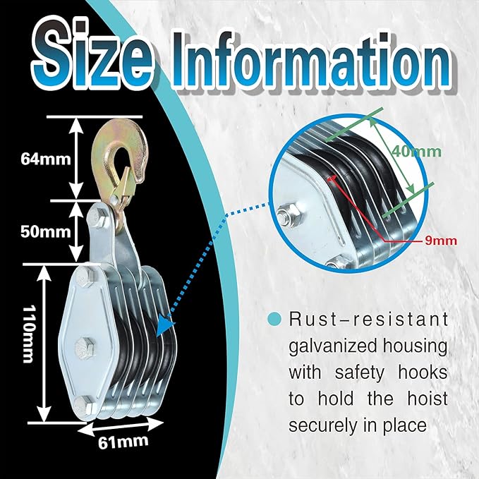 Block and Tackle System 4000LB Breaking Strength 65 Feet 38" Rope Hoist Pulley 8:1 Ratio Lifting Power for Lifting Heavy Objects (4 Pulley-Black)