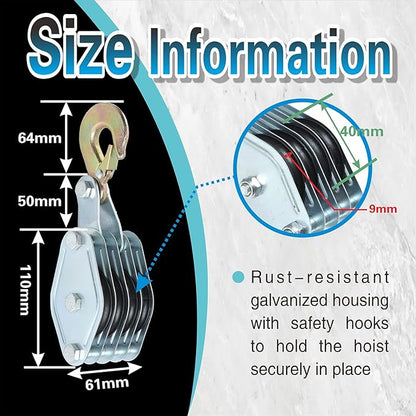 Block and Tackle System 4000LB Breaking Strength 65 Feet 38" Rope Hoist Pulley 8:1 Ratio Lifting Power for Lifting Heavy Objects (4 Pulley-Black)