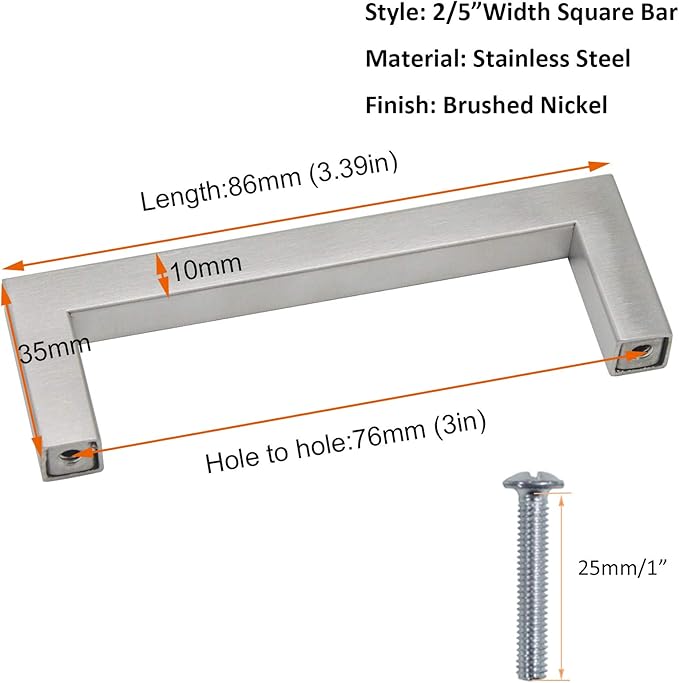 Gobrico Square Kitchen Cabinet Pulls and Knobs Brushed Nickel Bar 3" Hole Centers 3-2/5" Overall Length JS10HSS76 1 Pack