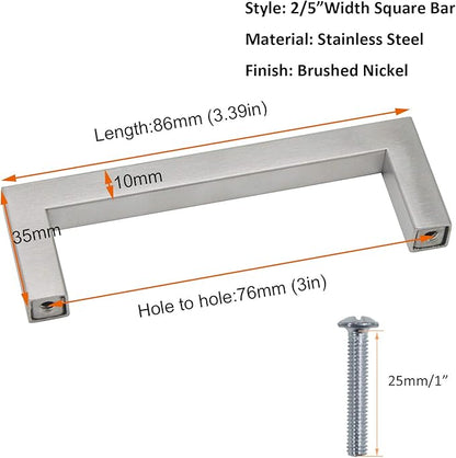 Gobrico Square Kitchen Cabinet Pulls and Knobs Brushed Nickel Bar 3" Hole Centers 3-2/5" Overall Length JS10HSS76 1 Pack