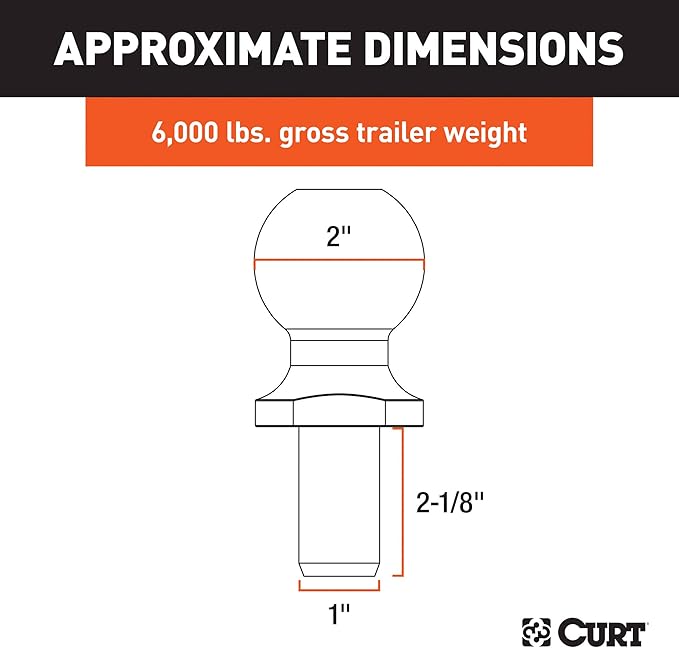 CURT 40004 Chrome Trailer Hitch Ball, 6,000 lbs, 2 Inch Diameter, 1 x 2-1 8 Inch Shank