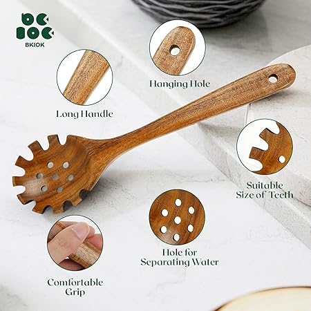 Natural Nonstick Teak Wood Pasta Fork, Noodle Spaghetti Spoon Server, Handmade Strainer Slotted Spoon Skimmer Spoons