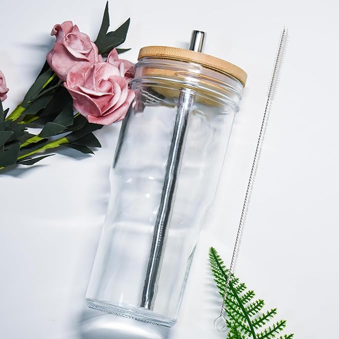 Glass Cups with Lids and Straws - 24oz Clear Glass Coffee Cups, Glass Tumbler Cute Drinking Glasses for Jumbo Smoothie, Bubble Tea, Cold Brew, Soda