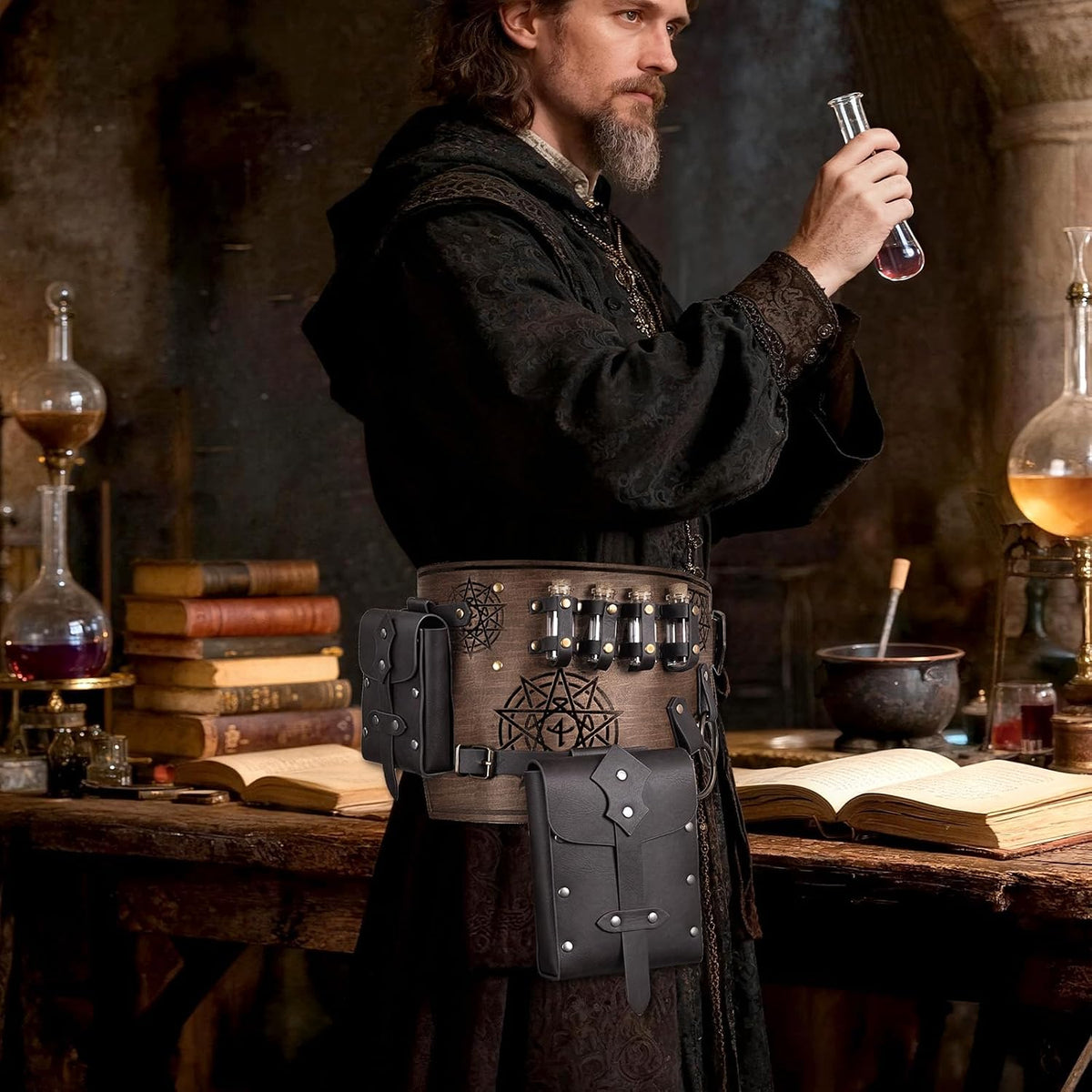 Renaissance Medieval Alchemy Belt Set - 4PCs Renaissance Accessories for Cosplay, LARP, Halloween & Renaissance Fairs (Brown)