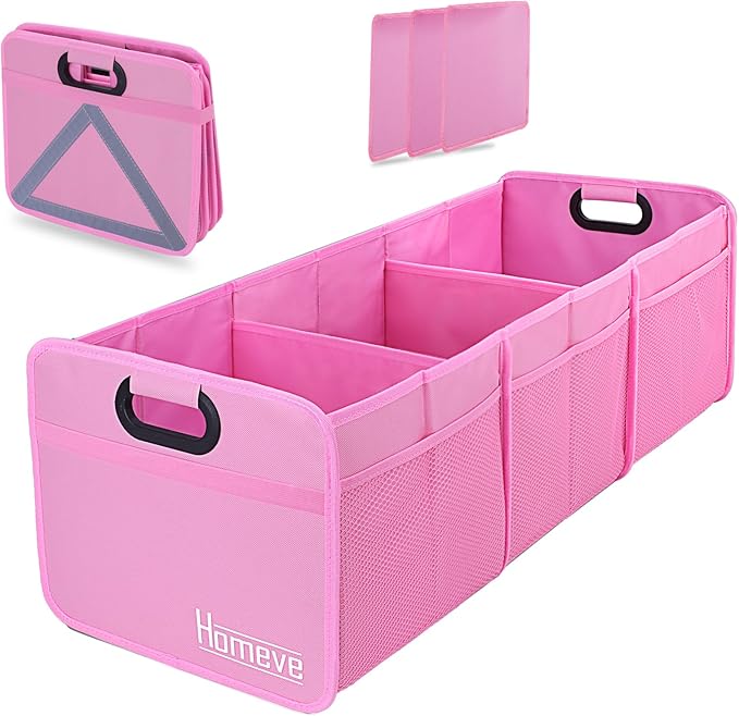 Homeve Large Collapsible Trunk Organizer with Multi Pockets, 3 Compartments Storage Organizer for Car, SUV, Minivan, PinkA