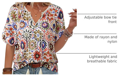 Vivilli Womens Summer Boho Tops Casual V Neck Short Sleeve Blouses Floral Print Shirt Tie Front Flowy Vacation Clothes .