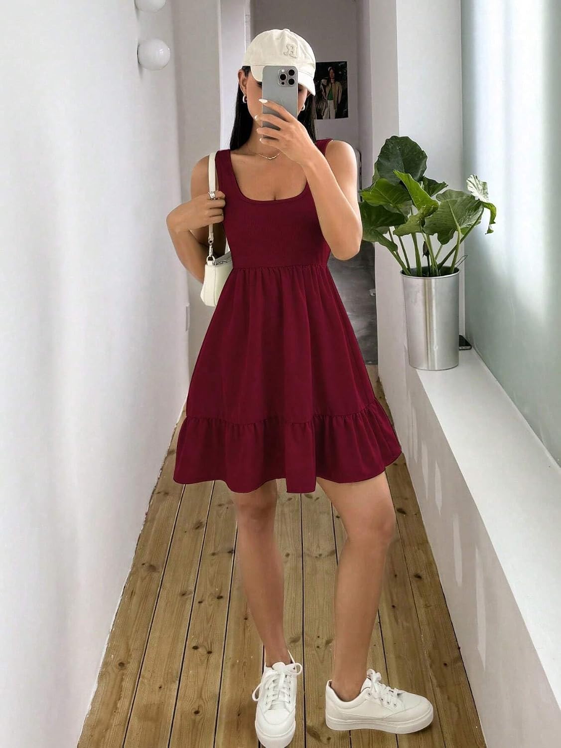 Women's Short Dress Women's Color Wide Strap Ruched Short Casual Dress.