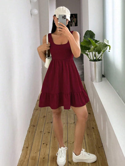 Women's Short Dress Women's Color Wide Strap Ruched Short Casual Dress.