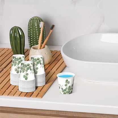 RUSPEPA 2 oz Bathroom Cups, Disposable Paper Cups - 100 Pack Eucalyptus Design Printed - Mini Mouthwash Rinse Paper Cups for Home, Bathroom, Picnic, Party, and Events