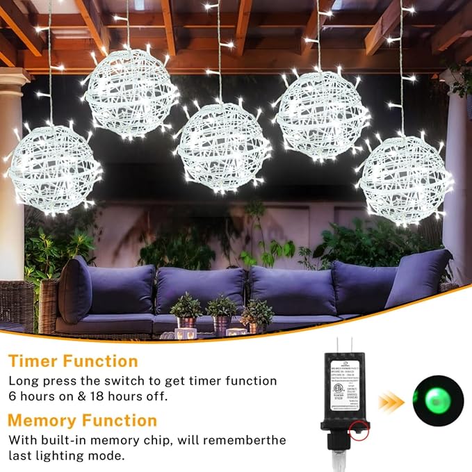 SenLuKit Outdoor Christmas Balls 4 Pack Hanging 11" LED Garden Sphere Tree Lights 8 Modes Waterproof String with Memory Timer Plug for Party Yard Porch Eave Patio Home Decoration-Warm White